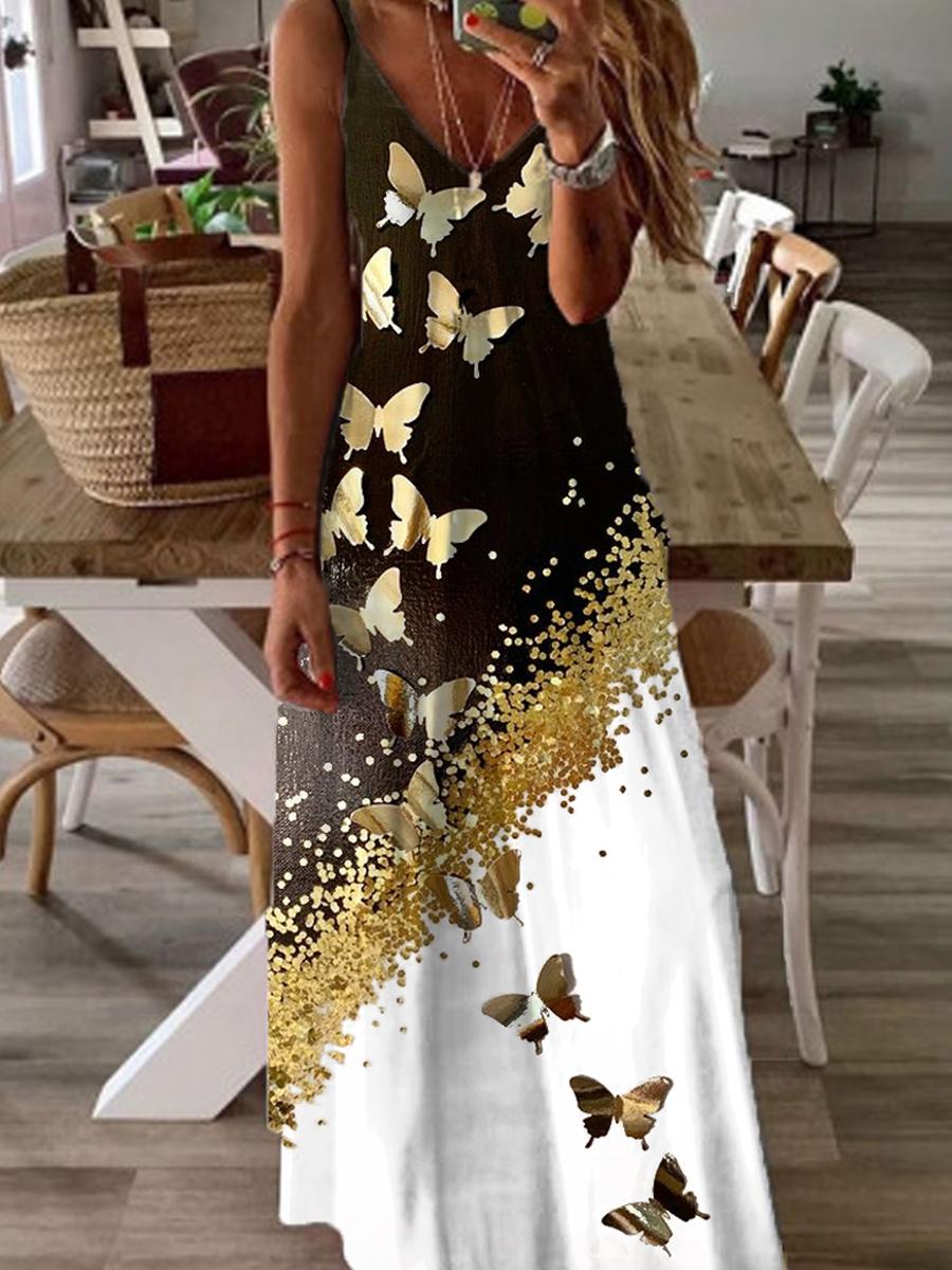 Fashion Butterfly Print Colorblock Slip Maxi Dress Womens