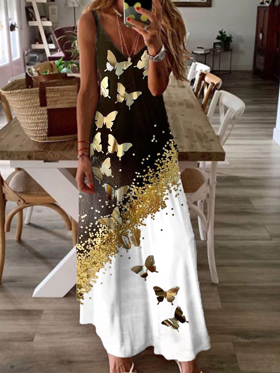 Fashion Butterfly Print Colorblock Slip Maxi Dress Womens