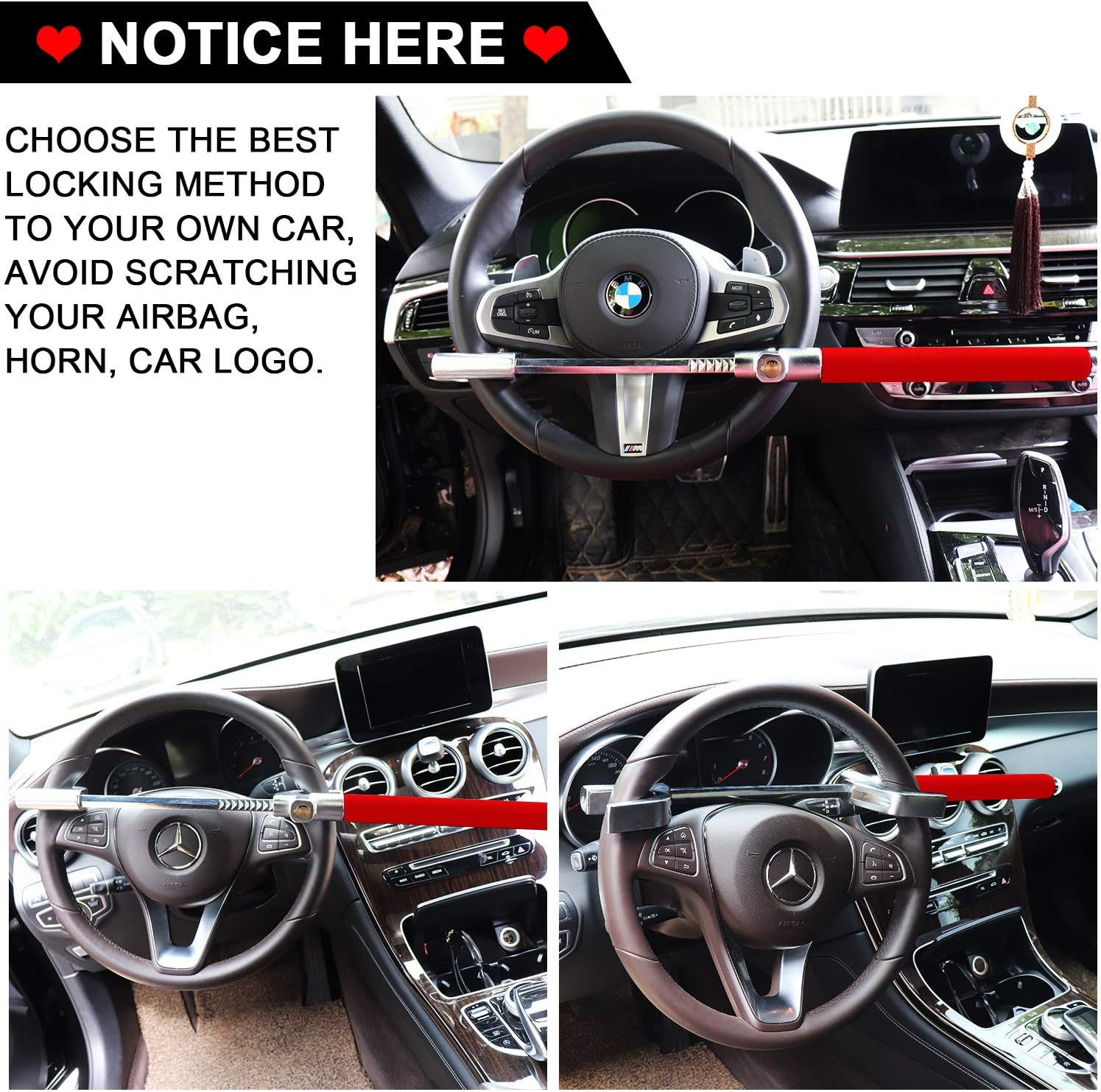 Tevlaphee Steering Wheel Lock Anti Theft Car Device Universal Car Theft Prevention Car Lock Adjustable Double Hook Emergency Hammer Window Breaker Self Defense Heavy Duty Secure (Red)