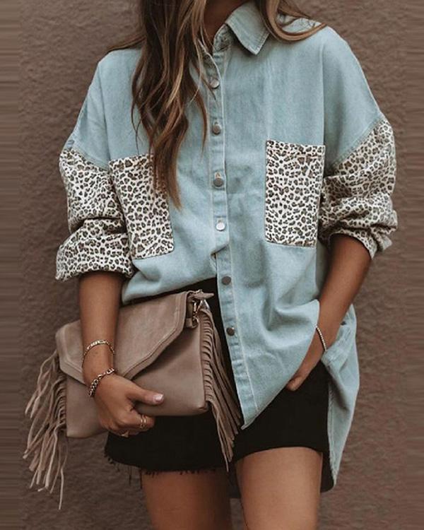 cool bf denim jacket leopard patchwork loose coat