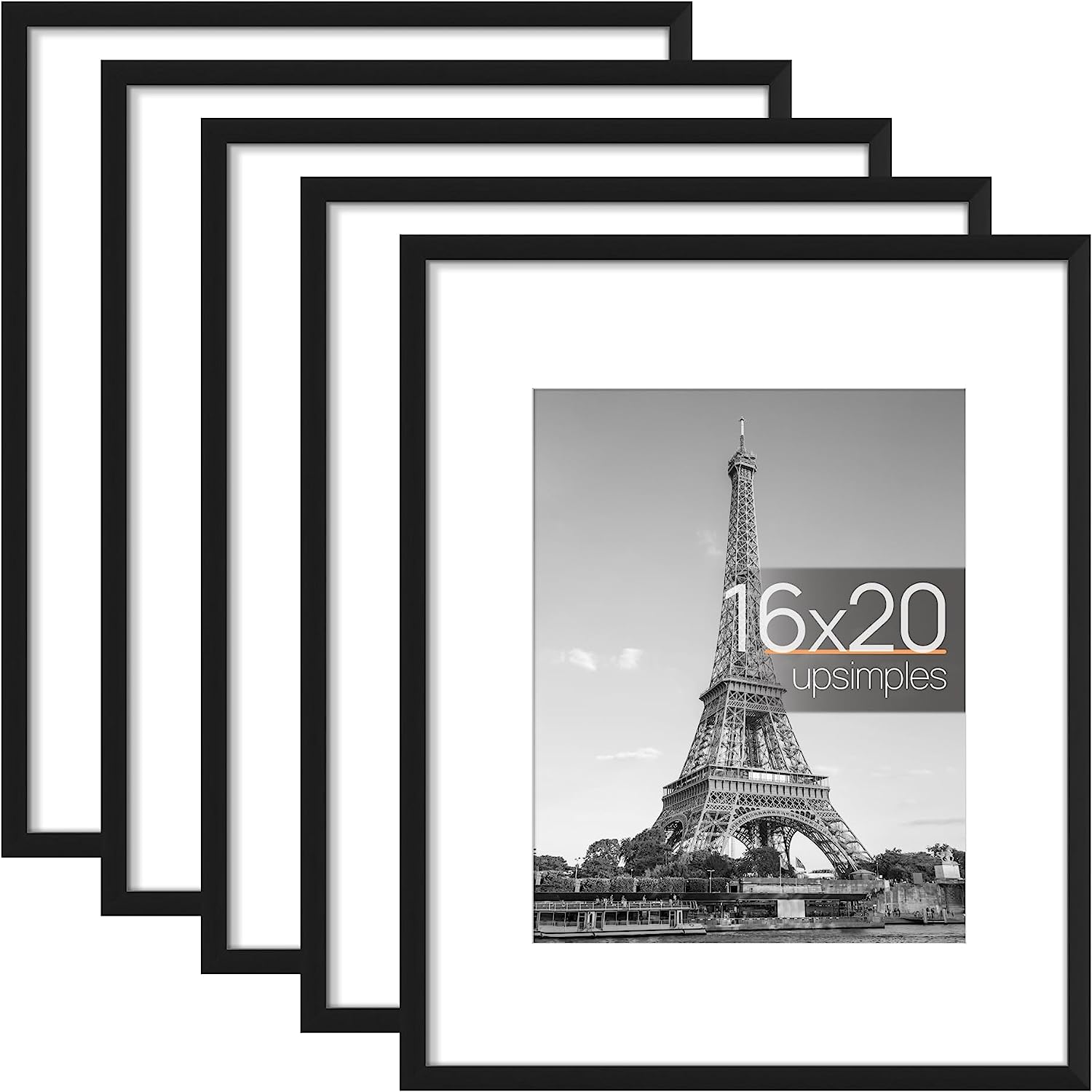 upsimples 16x20 Picture Frame Set of 5, Display Pictures 11x14 with Mat or 16x20 Without Mat,Wall Gallery Poster Frames,Black