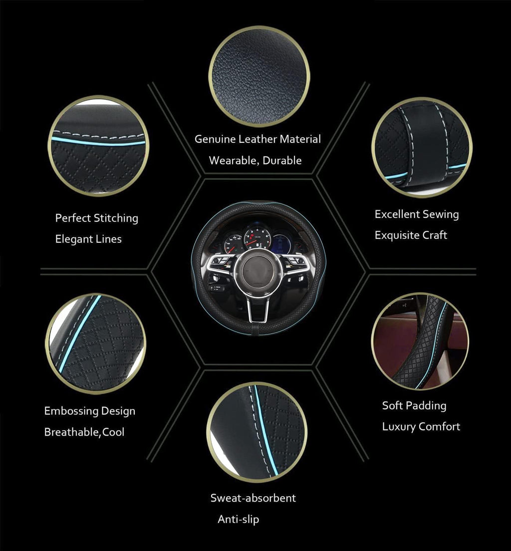 Car Steering Wheel Cover,Anti-Slip, Safety, Soft, Breathable,Heavy Duty, Thick,Full Surround,Sports Style (Black with Light Blue Line)