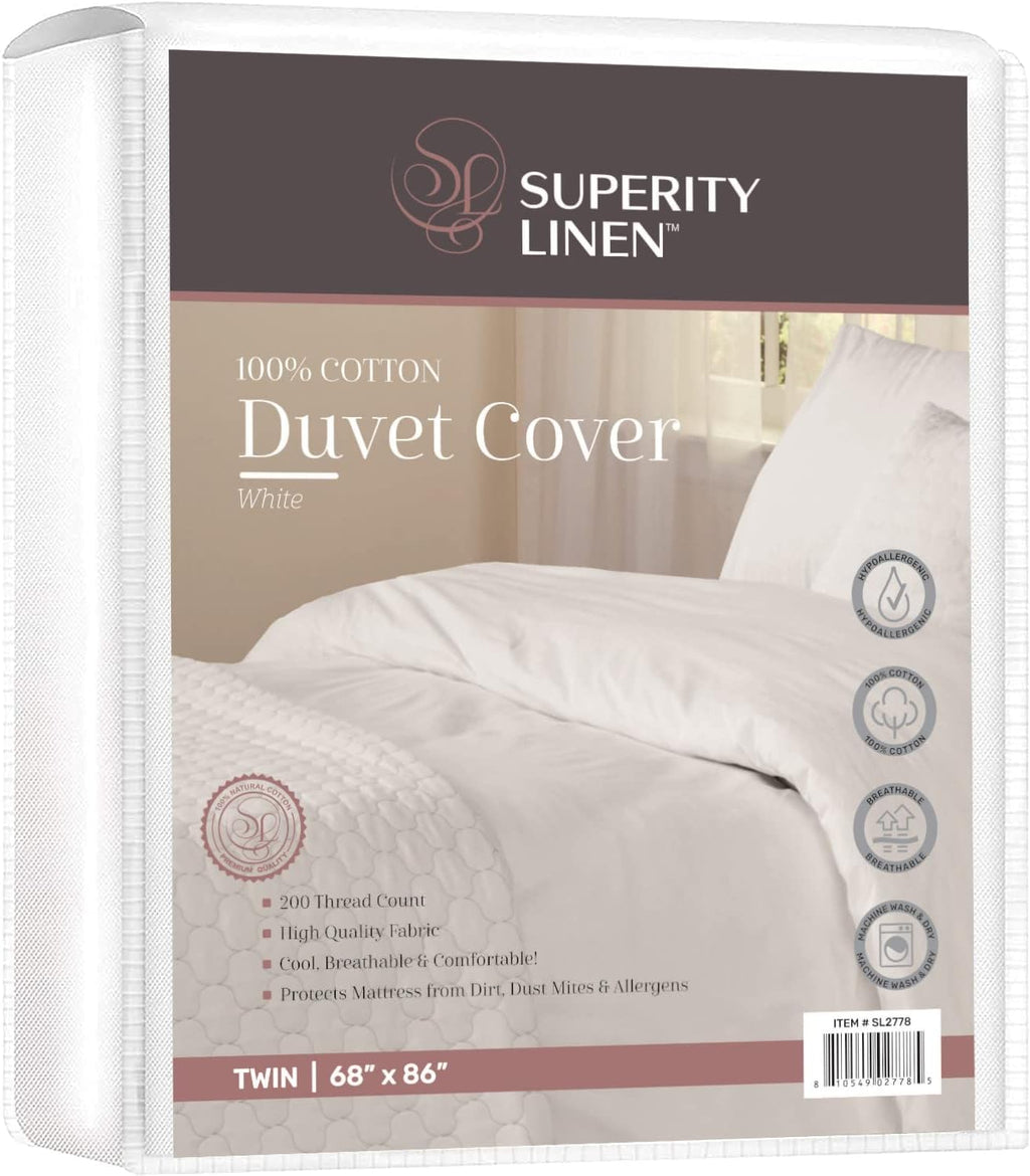Superity White Twin Duvet Cover - Cotton Breathable &amp; Comfortable Fabric, Protects Mattresses from Dirt, Dust &amp; Dander - Twin Size Duvet Cover (68x86)