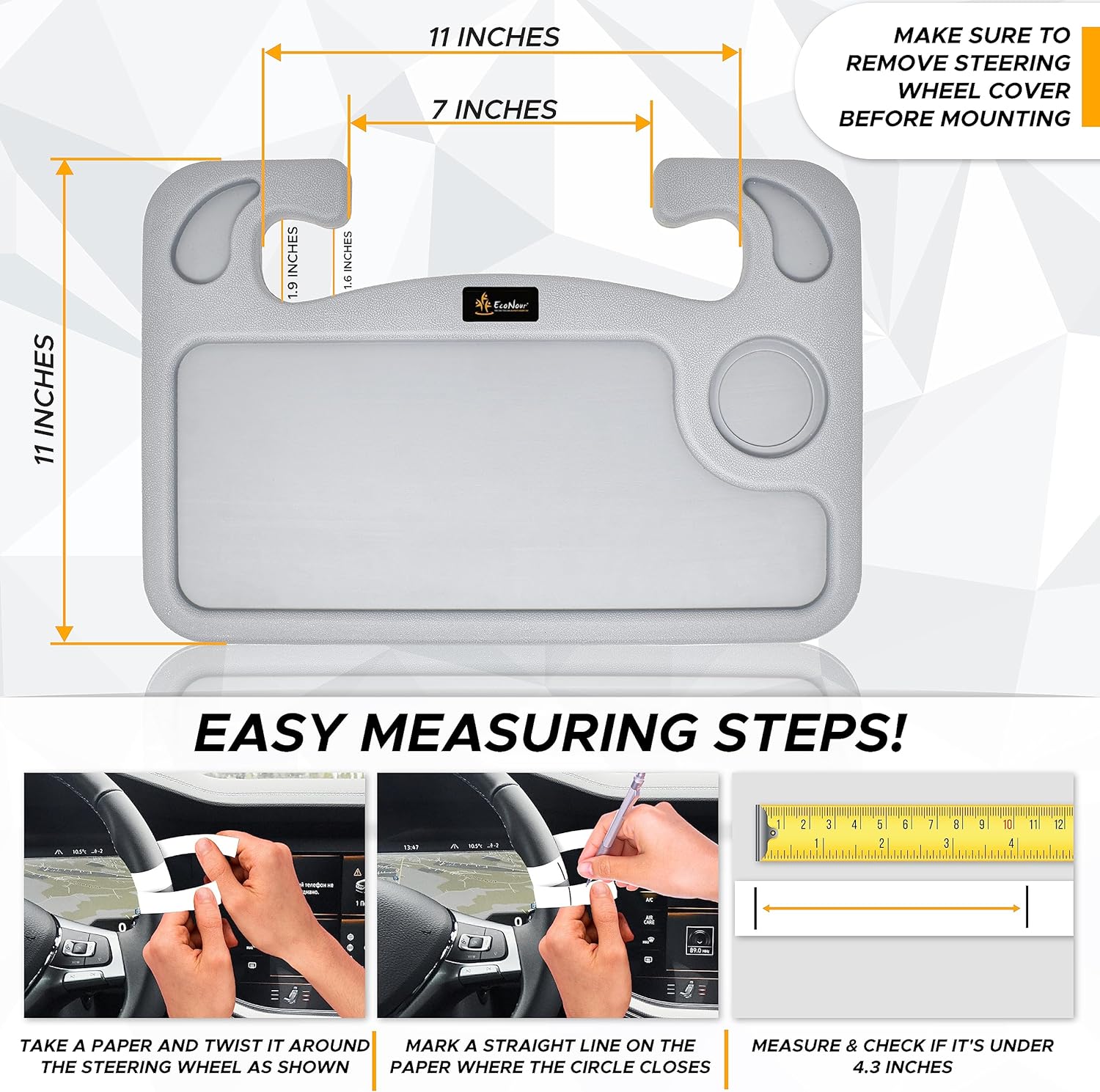 EcoNour 2 in 1 Car Steering Wheel Tray (Grey) | Multipurpose Car Steering Wheel Desk for Laptop and Food | Car Tray for Eating | Steering Wheel Accessories