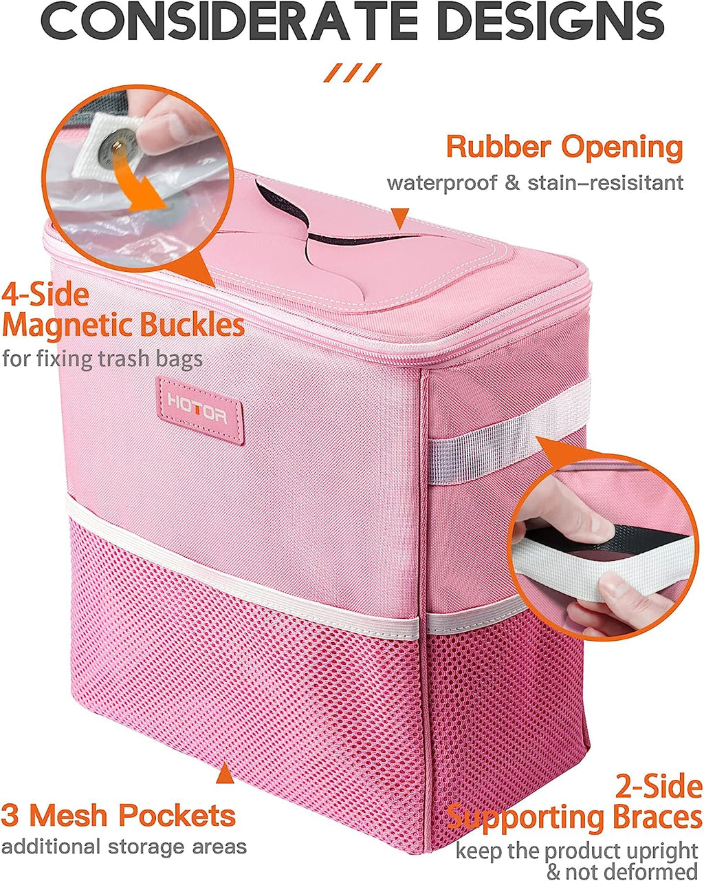 HOTOR Car Trash Can, 3-Gallon Ultra-Large Car Garbage Can, 100% Leakproof &amp; Waterproof Trash Can for Car, Multipurpose Car Trash Bin with Adjustable Straps, Magnetic Buckles, Mesh Pockets (Pink)