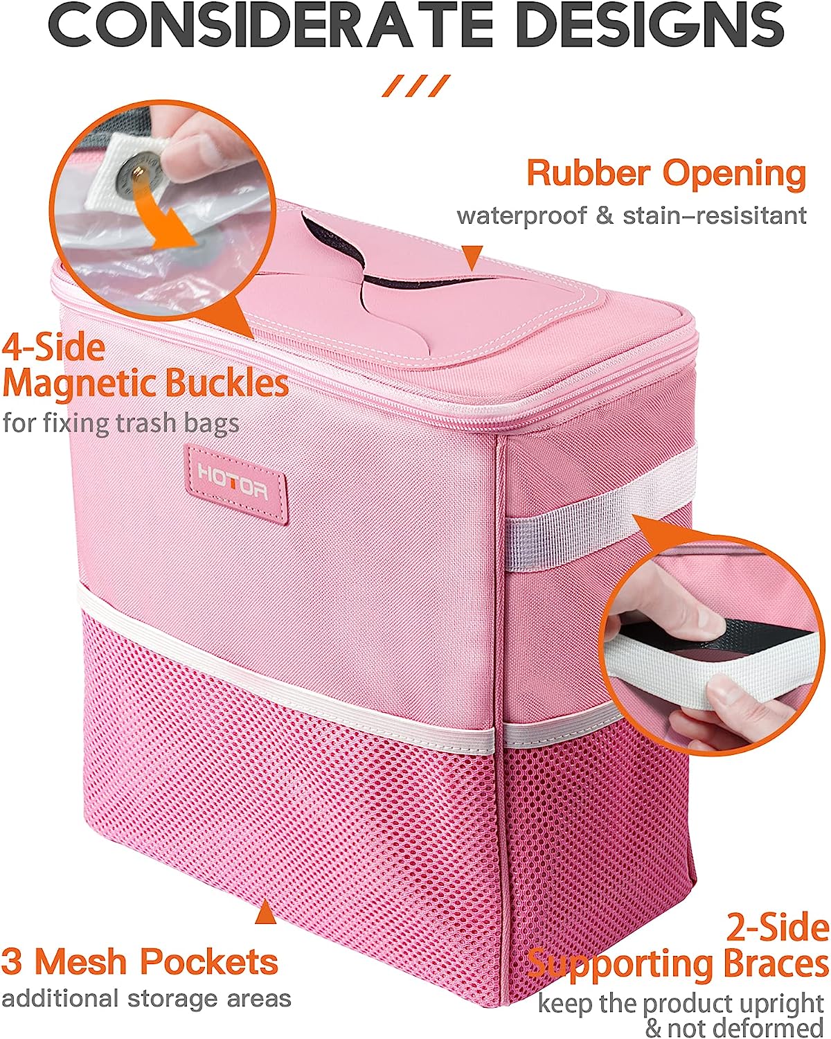 HOTOR Car Trash Can, 3-Gallon Ultra-Large Car Garbage Can, 100% Leakproof &amp; Waterproof Trash Can for Car, Multipurpose Car Trash Bin with Adjustable Straps, Magnetic Buckles, Mesh Pockets (Pink)