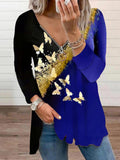 Zipper V-neck Butterfly Print Loose Long Sleeve T-shirt