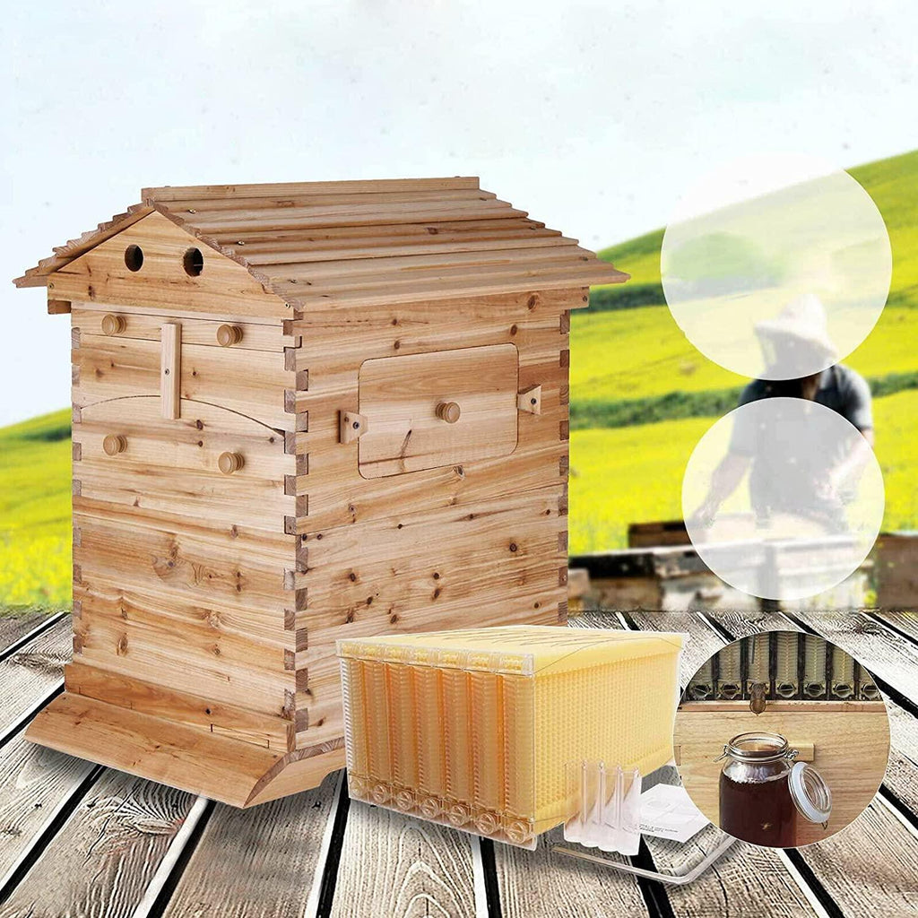 Lwestine Hive Beehive kit Automatic Wooden bee hive House kit Beehive Boxes with 7 Peice Comb Honey Frames for Beginning and Professional Beekeepers