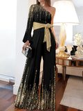 Fashion Golden One Shoulder Holiday Casual Jumpsuit Women