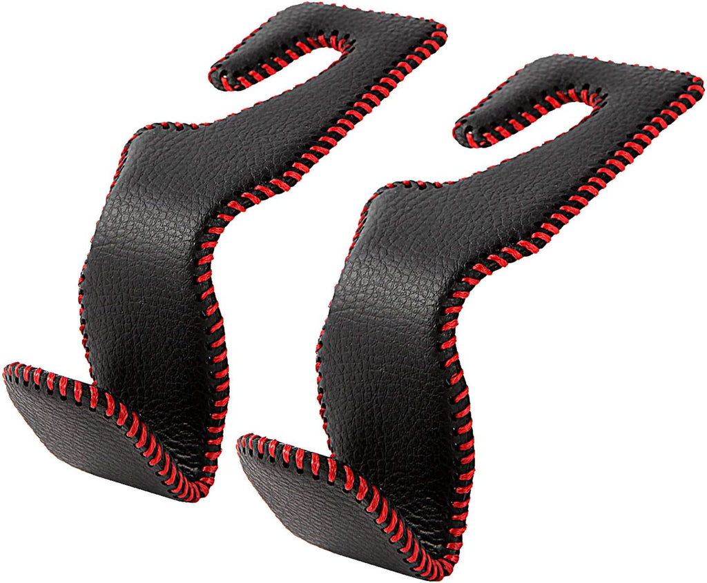 AMVOYOA Car Headrest Hook, Leather Vehicle Back Seat Hanger Storage for Purse Groceries Bag and More, Black&amp;Red, Pack of 2