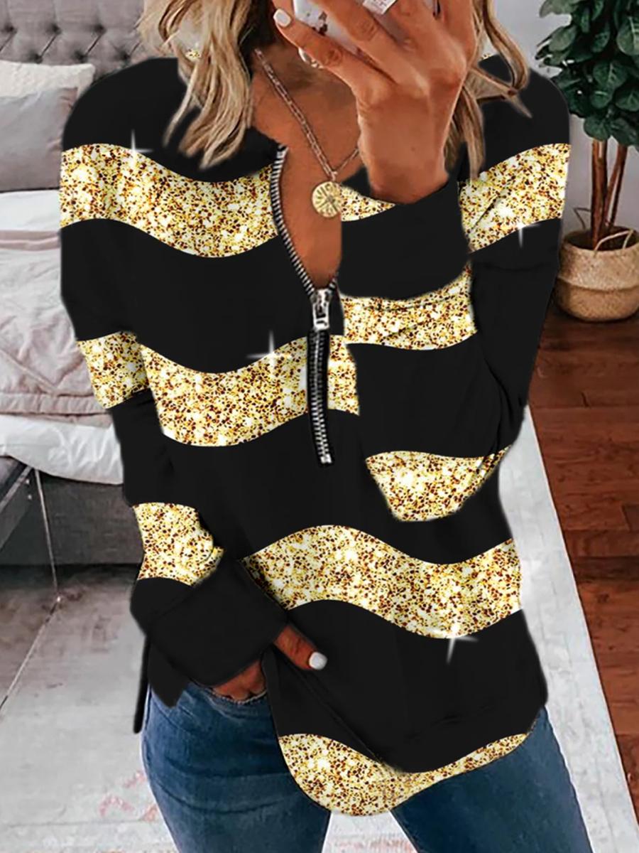 Round Neck Zipper Casual Loose Striped Printed Sweatshirt