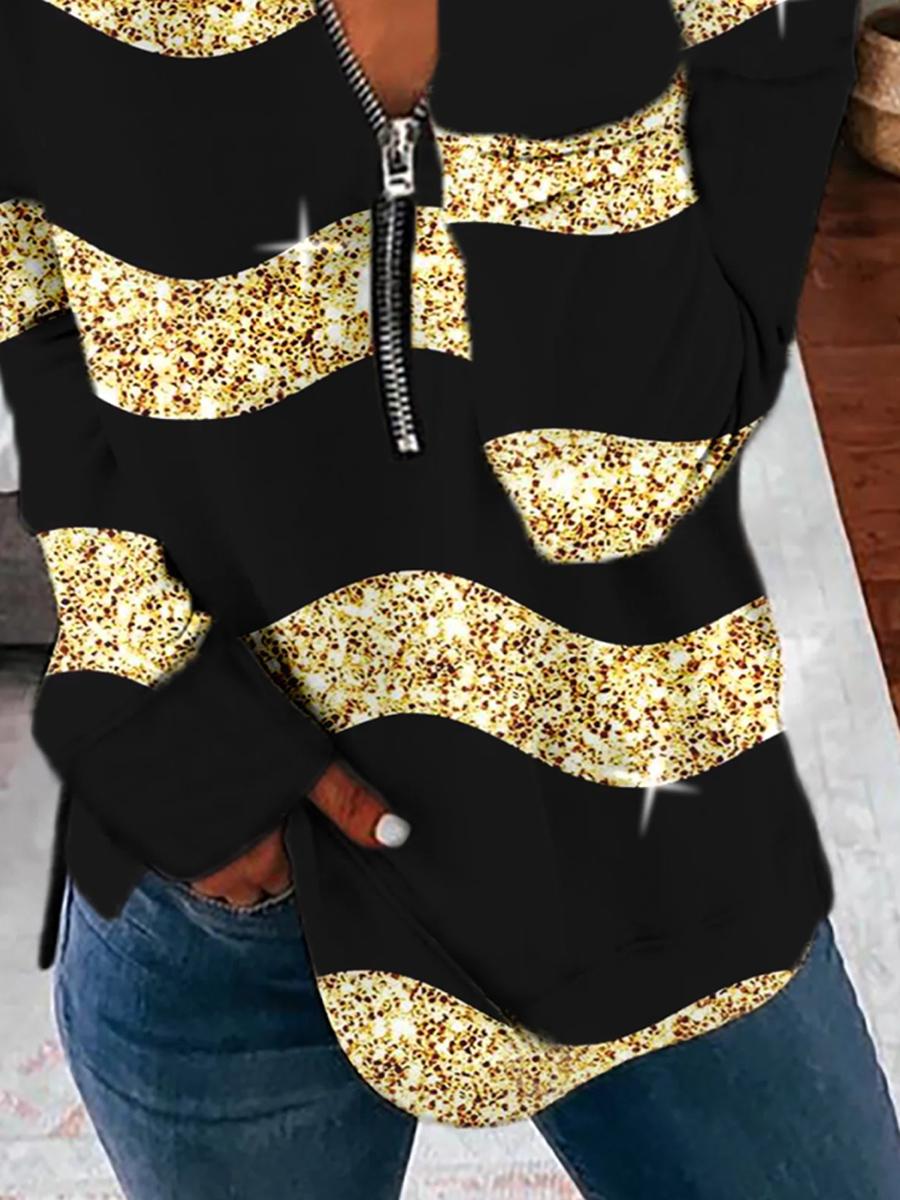 Round Neck Zipper Casual Loose Striped Printed Sweatshirt