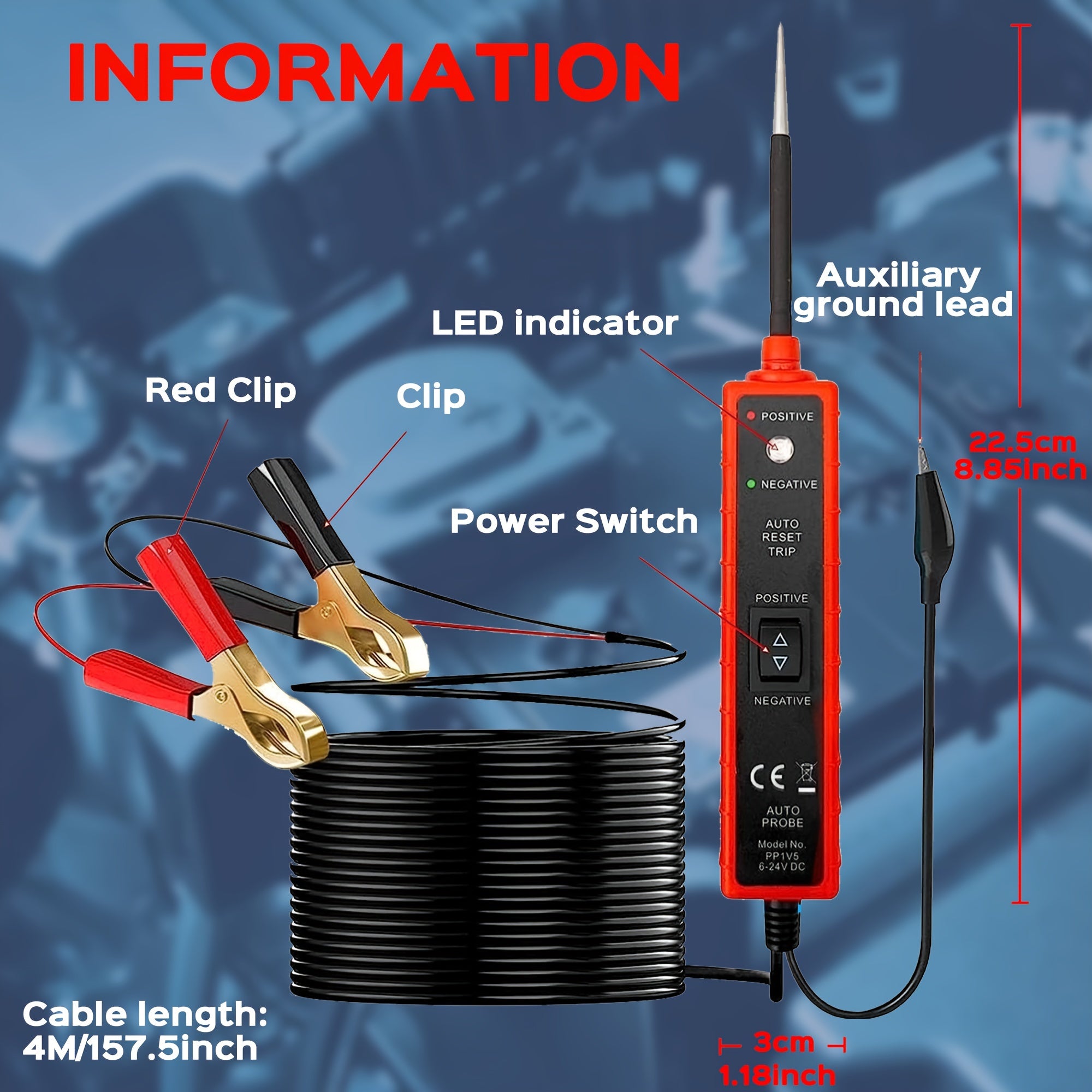Power Circuit Probe Tester 6-24V DC Test Light Short Circuit Automotive Component Electrical Polarity Identify Continuity Tester Overload Protection