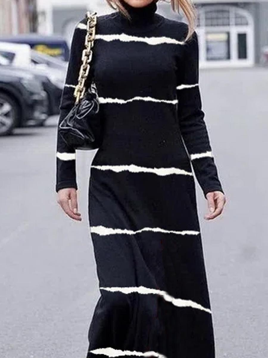 High-neck Striped Casual Long-sleeved Maxi Dress