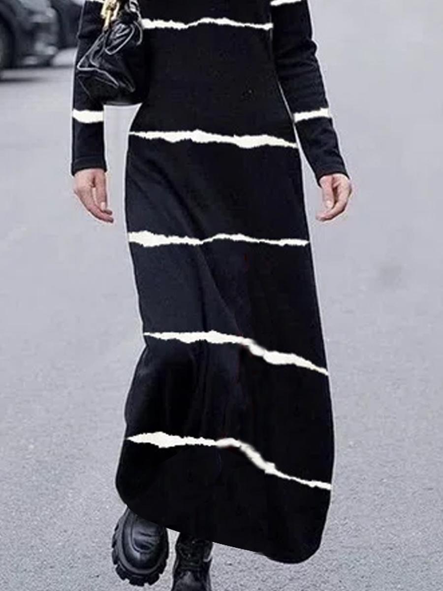 High-neck Striped Casual Long-sleeved Maxi Dress
