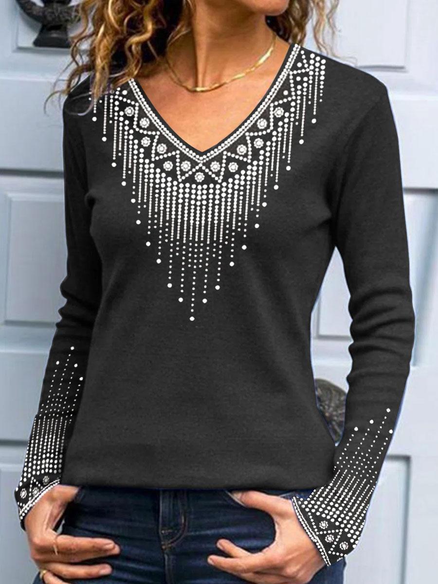 V-neck Printed Casual Loose Long-sleeved T-shirt