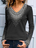 V-neck Printed Casual Loose Long-sleeved T-shirt