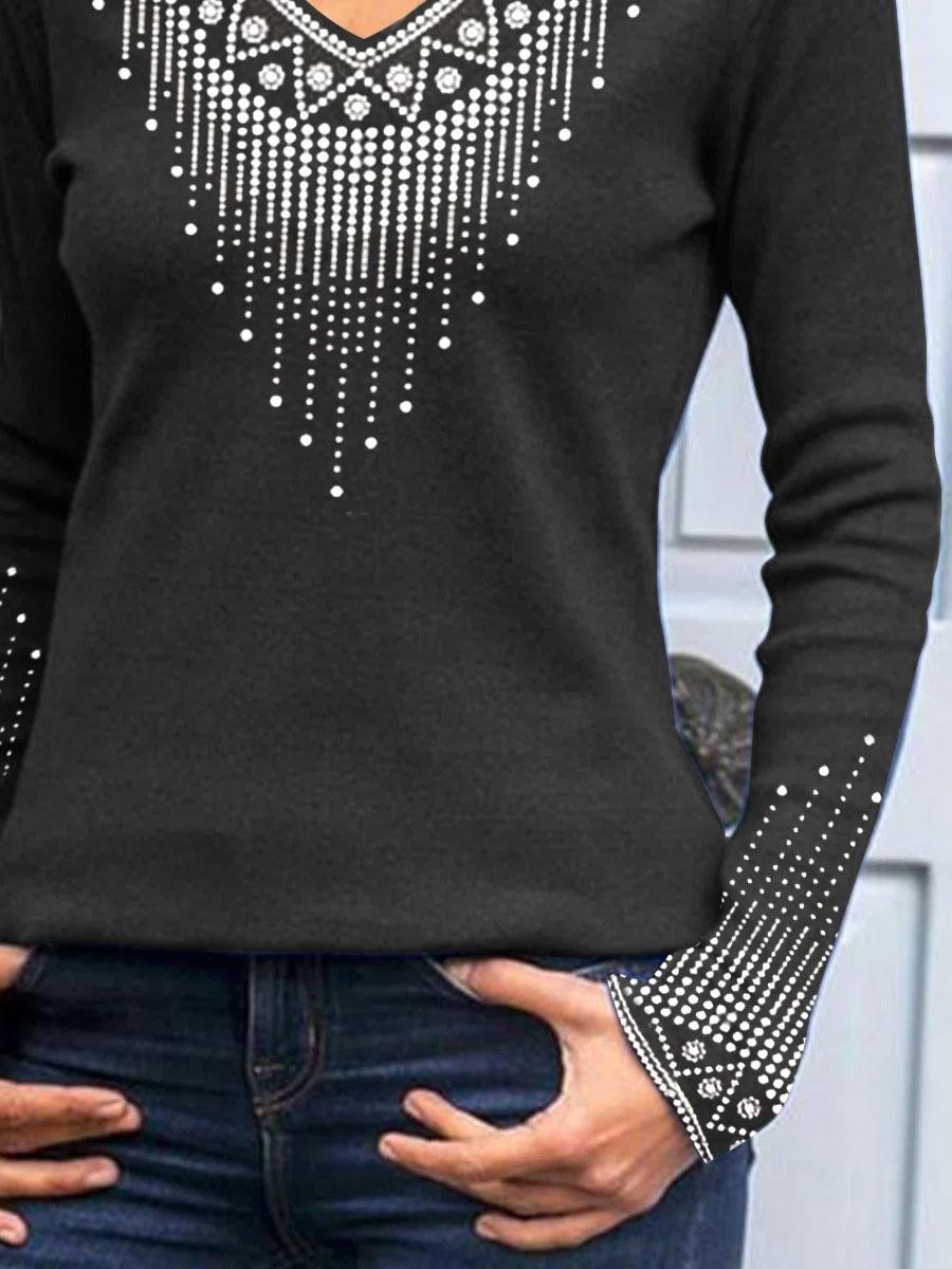 V-neck Printed Casual Loose Long-sleeved T-shirt