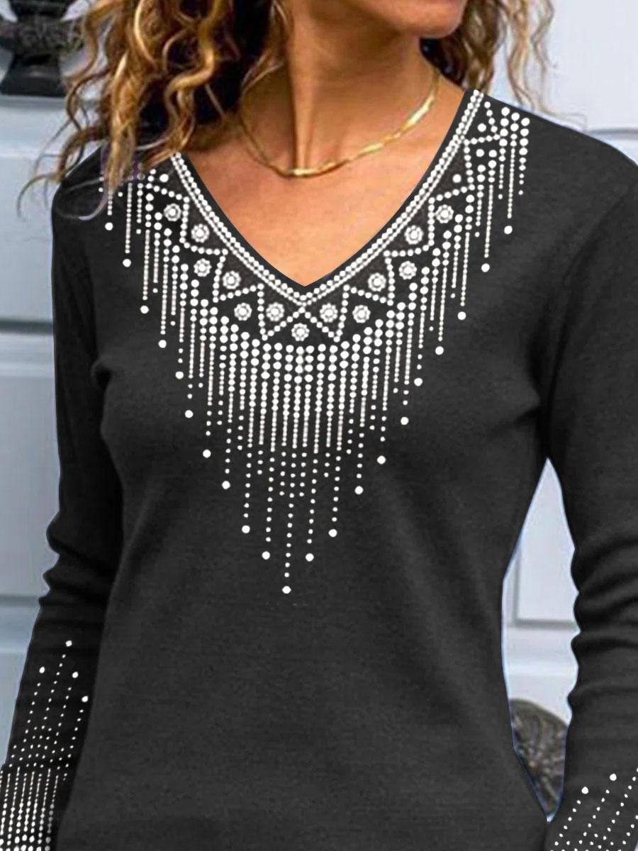 V-neck Printed Casual Loose Long-sleeved T-shirt