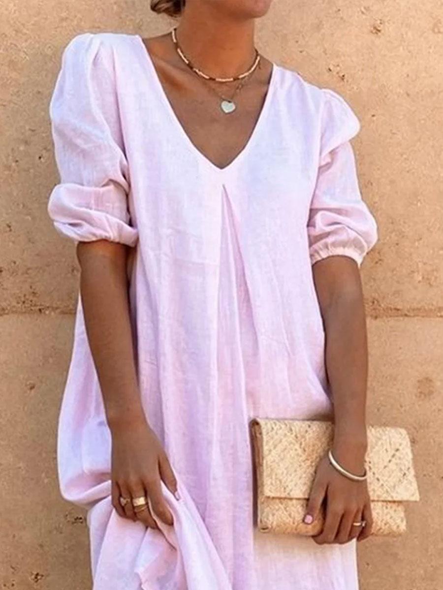 V-neck Solid Color Loose Long-sleeved Fashion Shift Dress