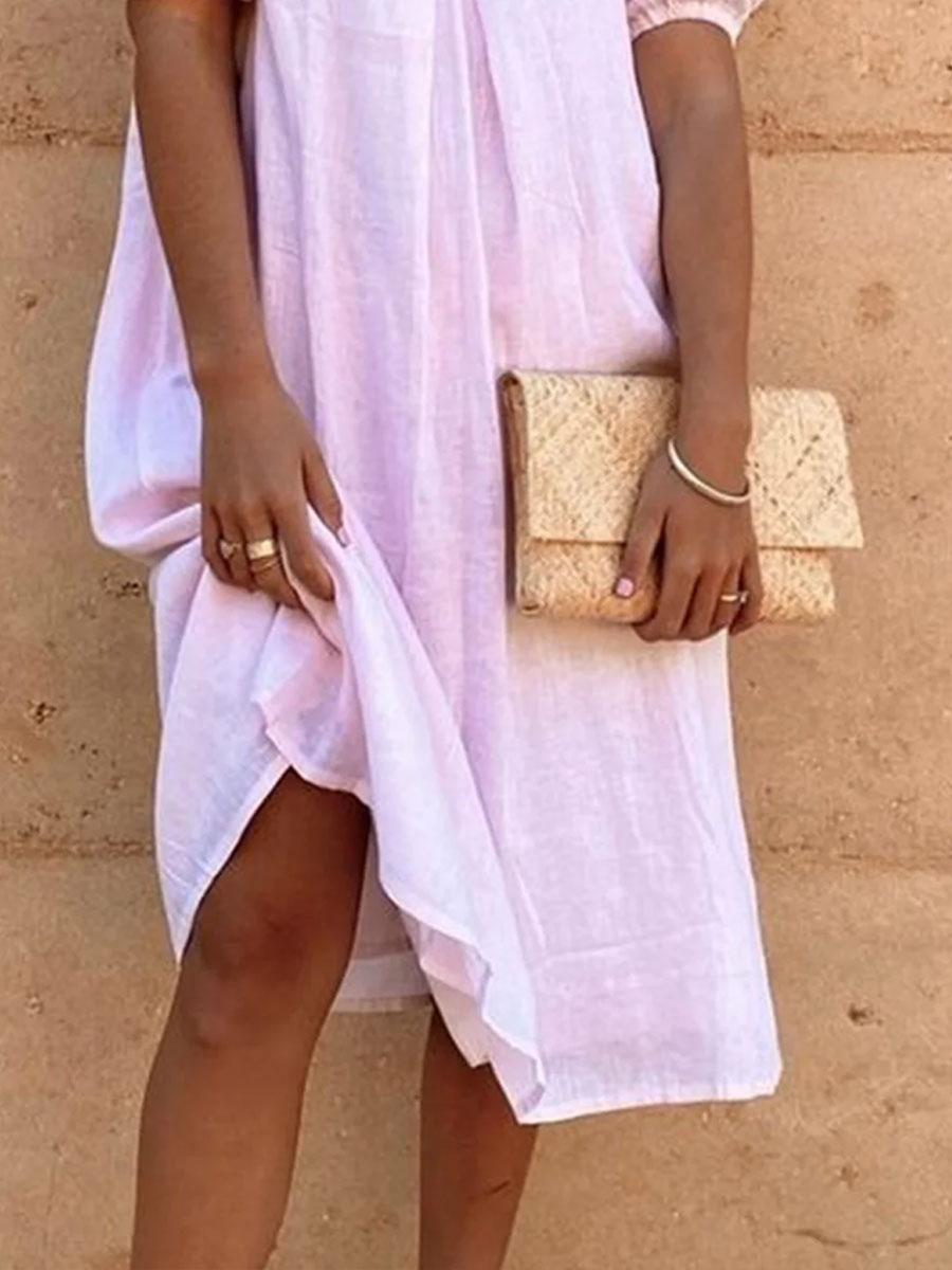V-neck Solid Color Loose Long-sleeved Fashion Shift Dress