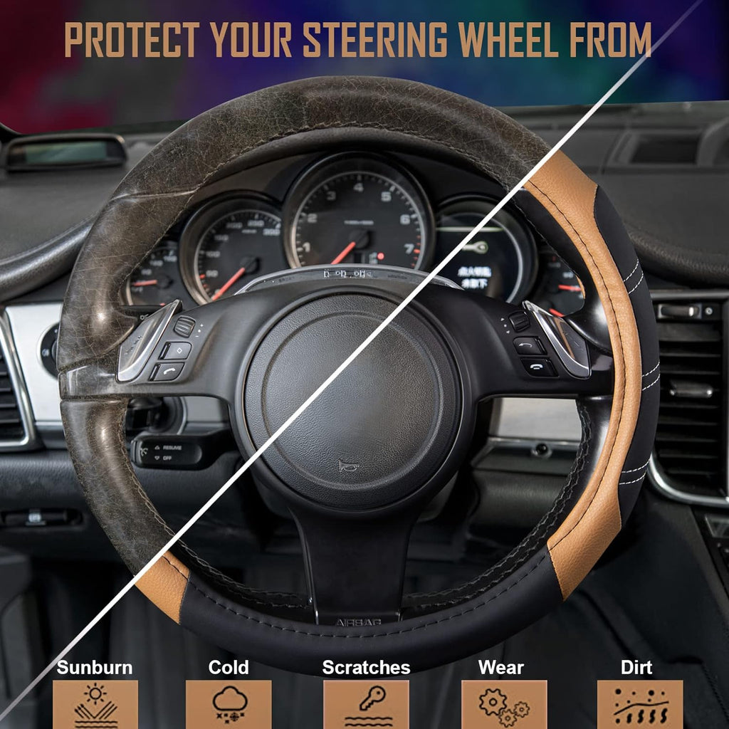 CAR PASS Line Rider Microfiber Leather Sporty Steering Wheel Cover Universal Fits for 95% Truck,SUV,Cars, Anti-Slip Safety Comfortable Desgin (Black Beige)