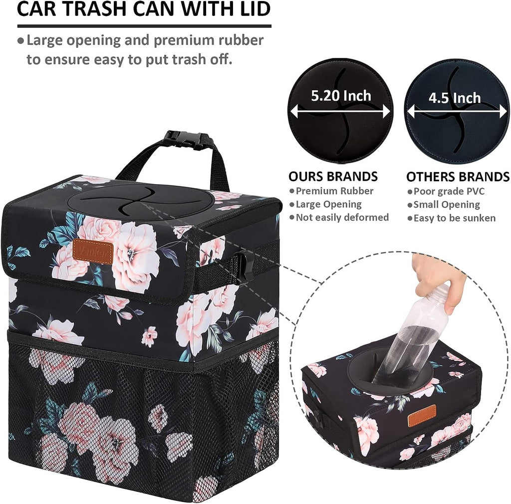 Vankor Car Trash Can for Car Cute, Car Trash Bag Bin Hanging Waterproof Automotive Car Garbage Cans Leak Proof Vehicle Trash Can Black Floral