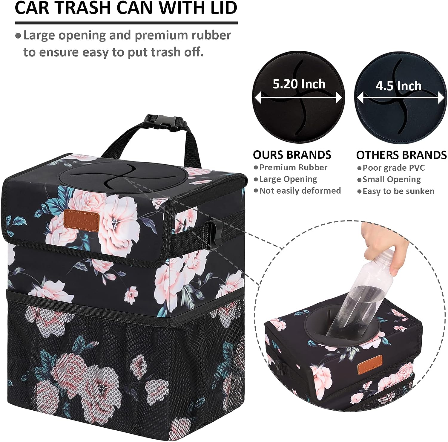 Vankor Car Trash Can for Car Cute, Car Trash Bag Bin Hanging Waterproof Automotive Car Garbage Cans Leak Proof Vehicle Trash Can Black Floral