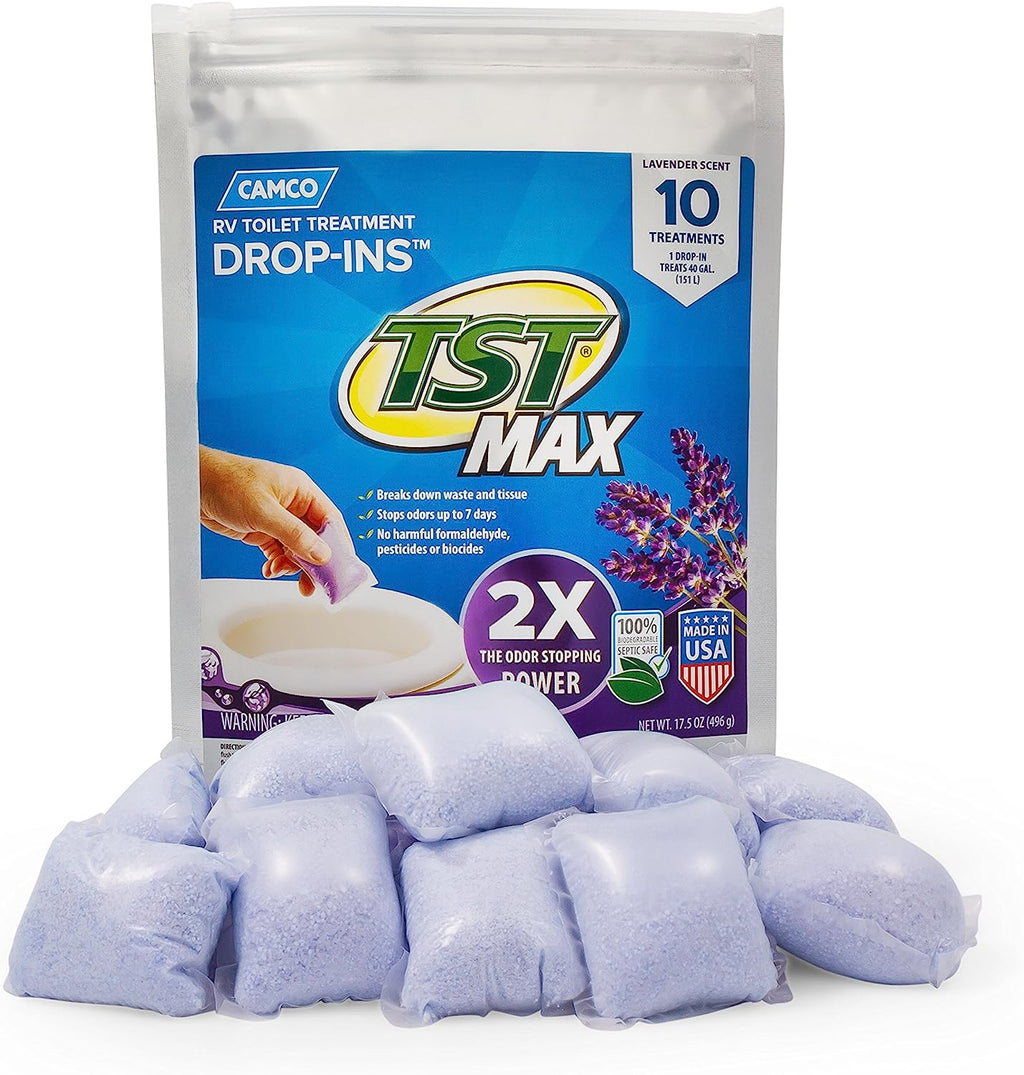 Camco TST MAX RV Toilet Treatment Drop-INs | Control Unwanted Odors and Break Down Waste and Tissue | Septic Tank Safe | Lavender Scent | 10-pack (41556)