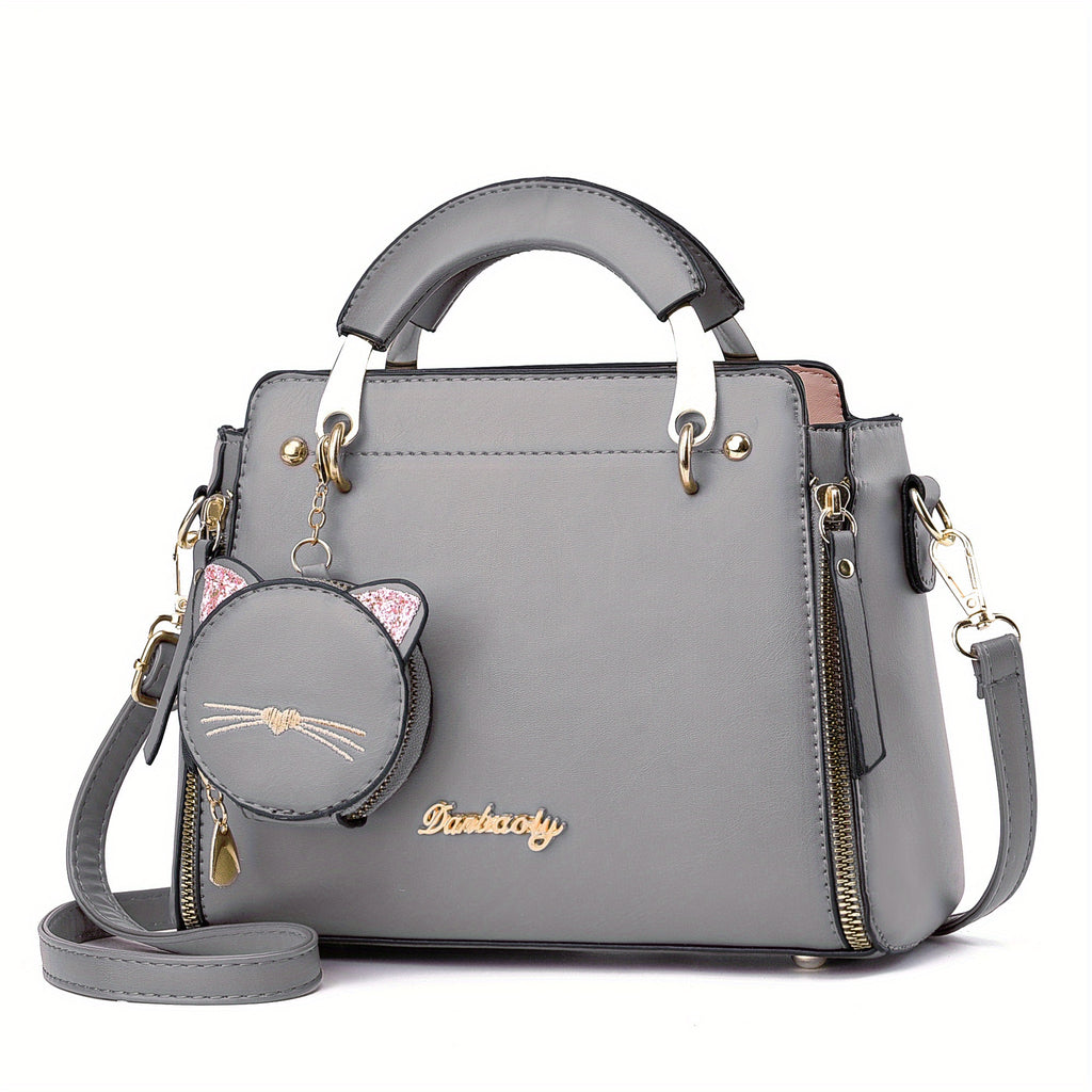Letter Decor Hand Satchel Bag, Stylish Shoulder Zipper Bag With Mini Coin Purse, Crossbody Bag For Work