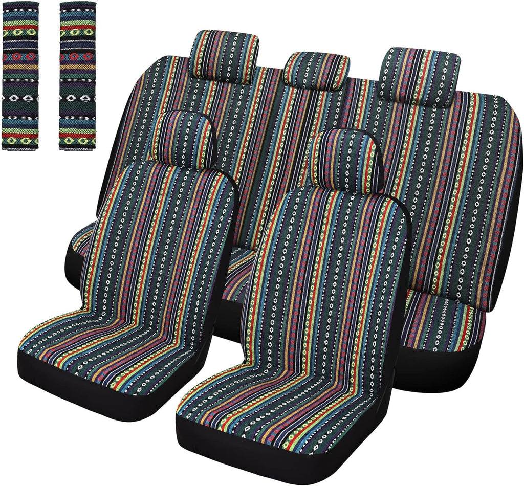 Pariitadin Baja Saddle Blanket Car Seat Covers Full Set with Seat Belt Pads, Washable Breathable Striped Woven Cloth Seat Covers for Cars Interior, Universal Fit Most Cars, Airbag Compatible, Red/Blue