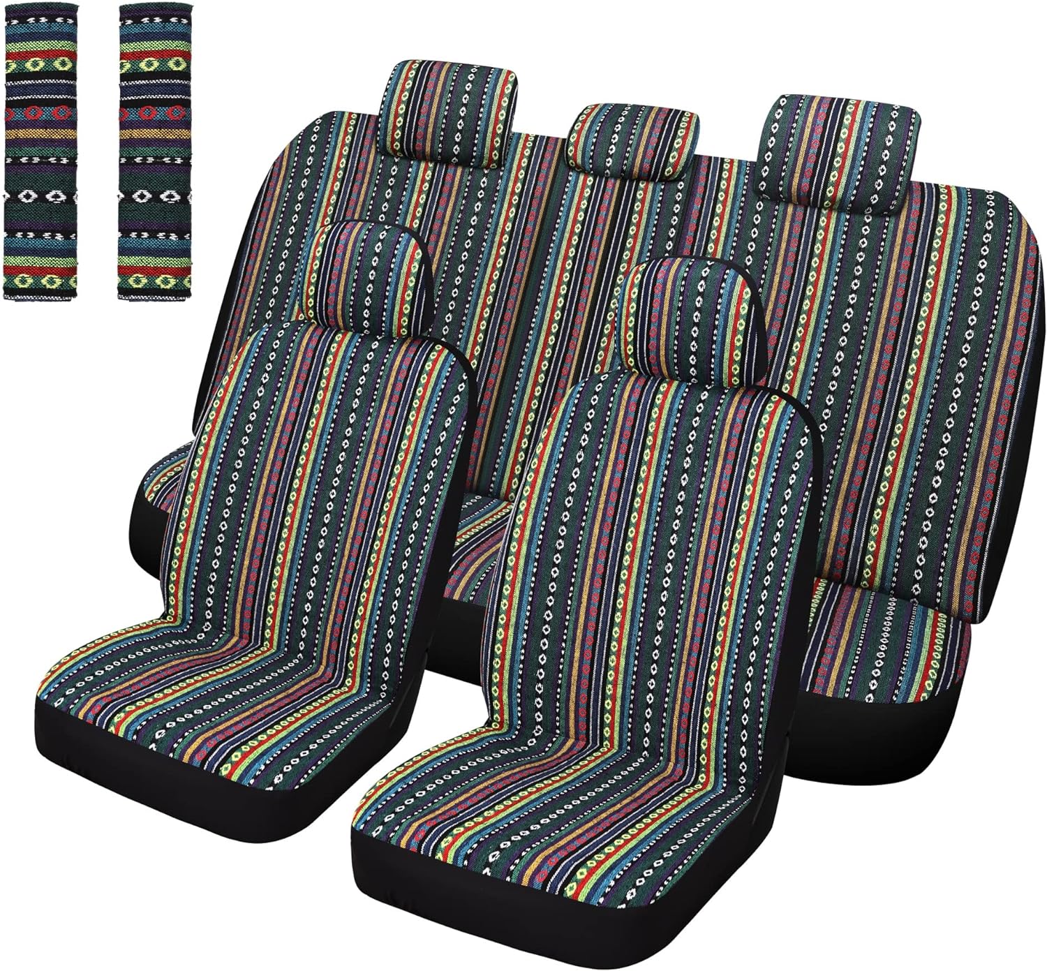 Pariitadin Baja Saddle Blanket Car Seat Covers Full Set with Seat Belt Pads, Washable Breathable Striped Woven Cloth Seat Covers for Cars Interior, Universal Fit Most Cars, Airbag Compatible, Red/Blue