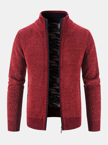 mens plain chenille knit stand collar zipper warm cardigans with pocket
