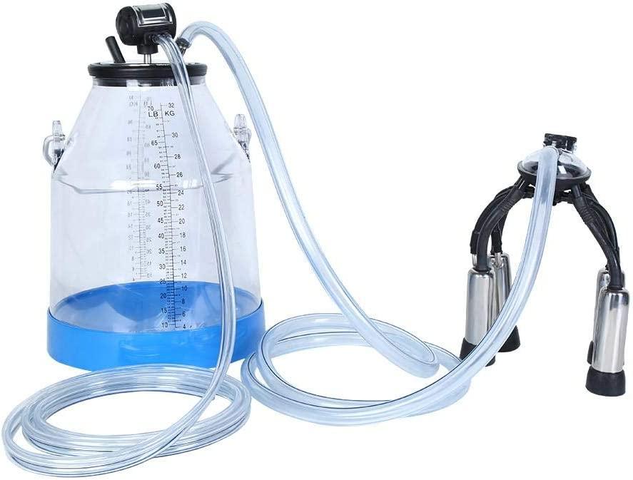 MilMachine for Cow, Portable Transparent 32L Cow Milker Dairy MilMachine Bucket Tank with 4 Teat Cups for Dairy Farm