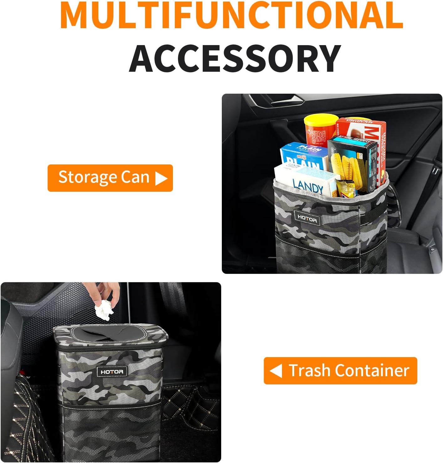 HOTOR Car Trash Can, Multifunctional Car Accessory for Interior Car Stuff Storage with Compact Design, Waterproof Car Organizer and Storage with Adjustable Straps, Magnetic Snaps (Camouflage Grey)