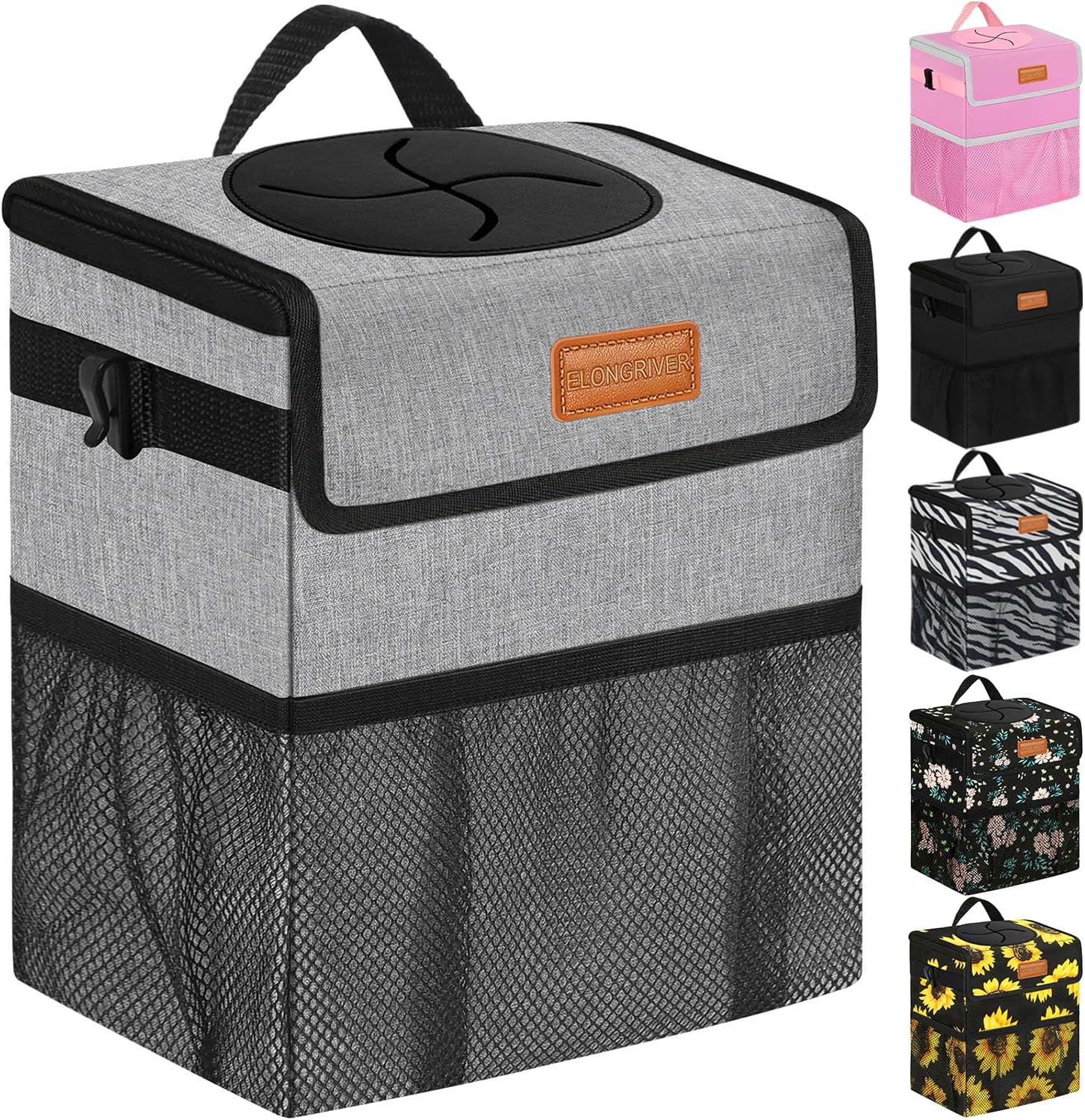 ELONGRIVER Car Trash Can Bin for Car Back Seat Leak Proof, Cute Car Trash Bag Hanging, Vehicle Trash Can for SUV Truck Van, Automotive Car Garbage Cans Front Seat Grey