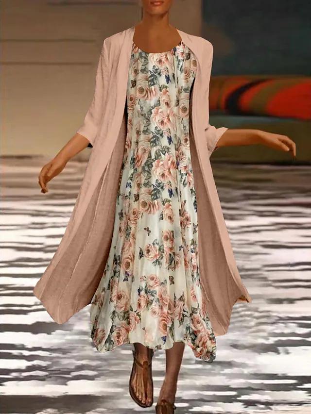 Round Neck Loose Casual Floral Print Loose Casual Suit Maxi Dress