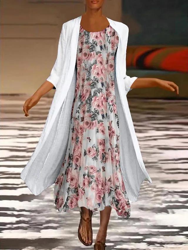 Round Neck Loose Casual Floral Print Loose Casual Suit Maxi Dress