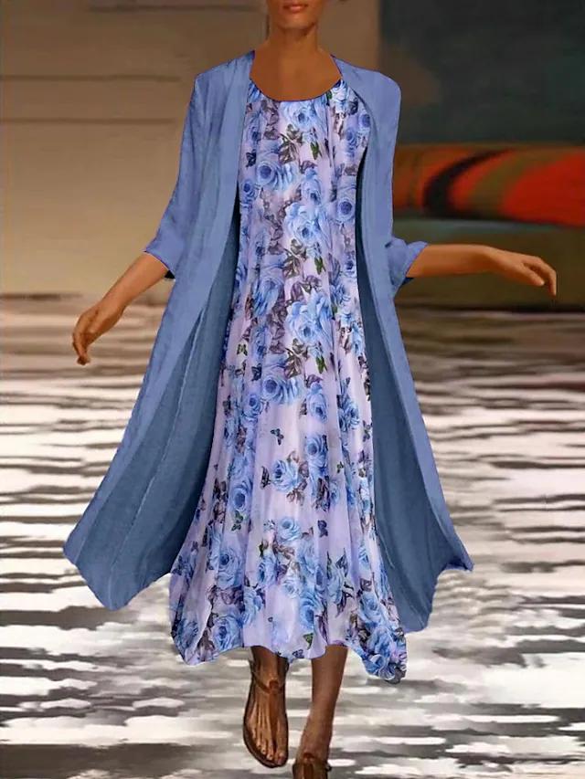 Round Neck Loose Casual Floral Print Loose Casual Suit Maxi Dress