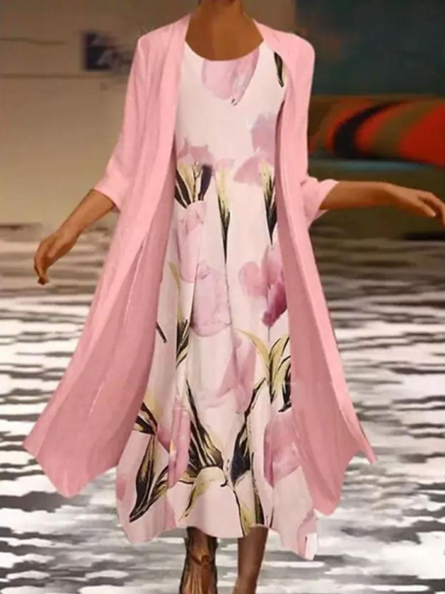 Round Neck Loose Casual Floral Print Loose Casual Suit Maxi Dress