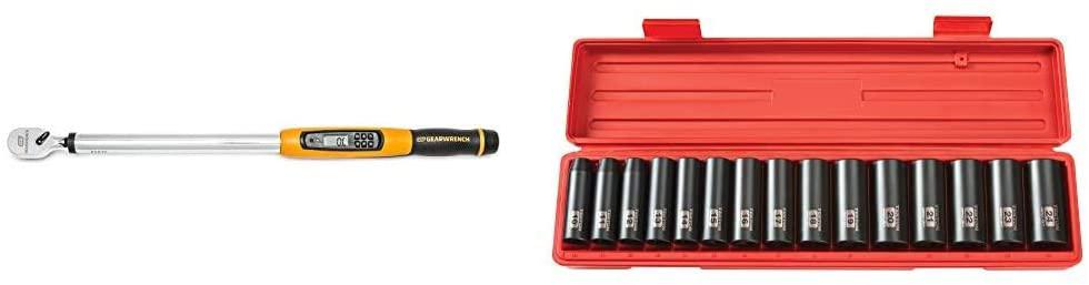GEARWRENCH 1/2" Drive Electronic Torque Wrench, 30-340 Nm - 85077 &amp; TEKTON 1/2 Inch Drive Deep 6-Point Impact Socket Set, 15-Piece (10-24 mm) | 4883