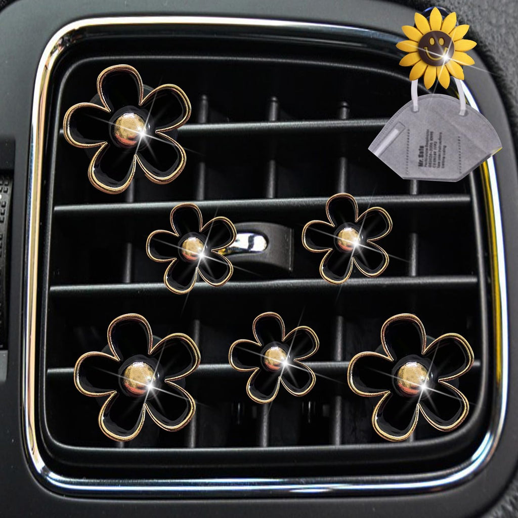 6 Pcs Daisy Air Vent Clips, Cute Flower Air Conditioning Outlet Clip Car Air Fresheners Vent Clips Car Interior Decor Charm Car Decoration Cute Car Accessories for Women Girls + Mask Hook (Black)