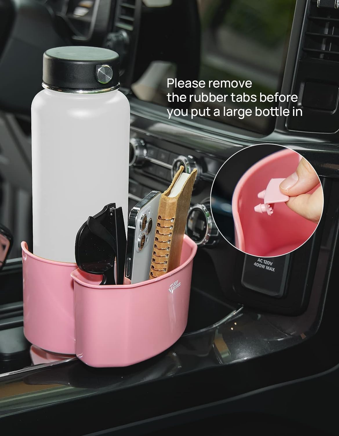 JoyTutus Cup Holder with Storage Box 2 Pack, Cup Holder Expander for Car, Large Car Cup Holder Adapt Most Regular Cup Holder 18-40oz, with Attached Organizer, Pink