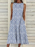 Ladies Casual Crew Neck Print Sleeveless Maxi Dress