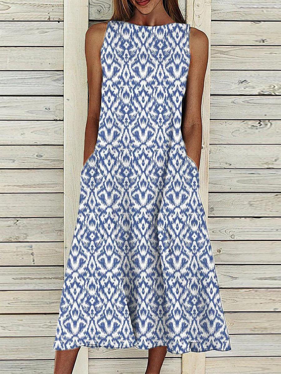 Ladies Casual Crew Neck Print Sleeveless Maxi Dress