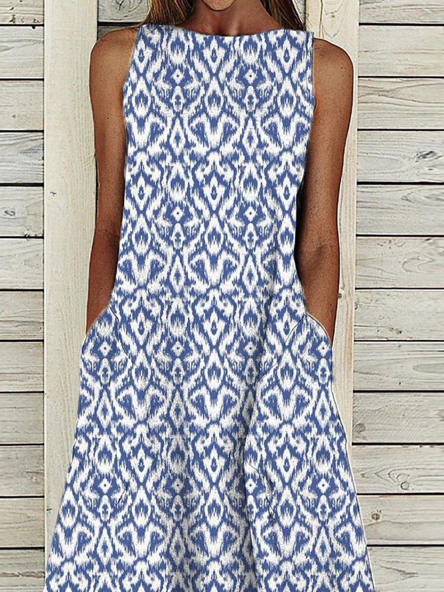 Ladies Casual Crew Neck Print Sleeveless Maxi Dress