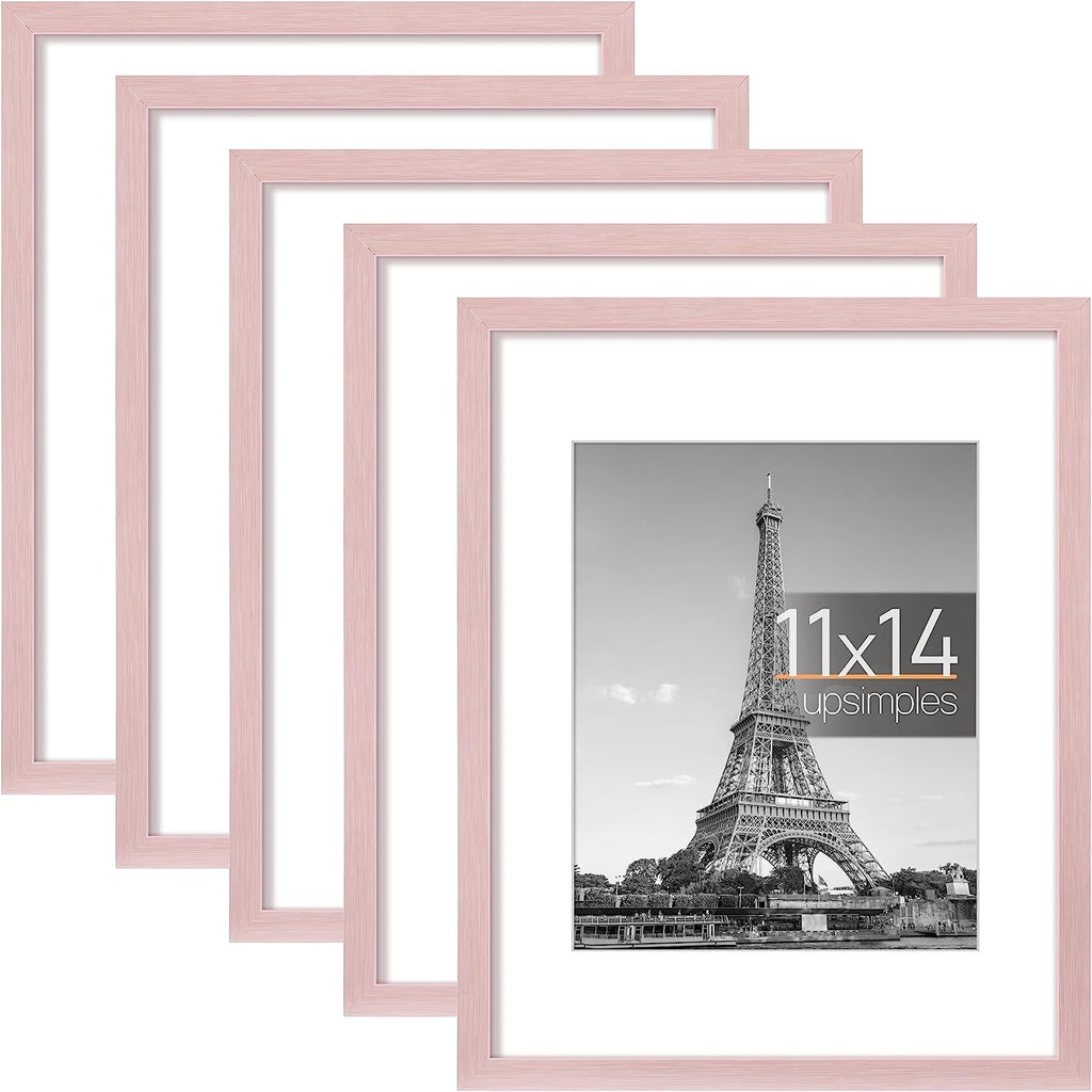 upsimples 11x14 Picture Frame Set of 5, Display Pictures 8x10 with Mat or 11x14 Without Mat,Wall Gallery Photo Frames, Pink