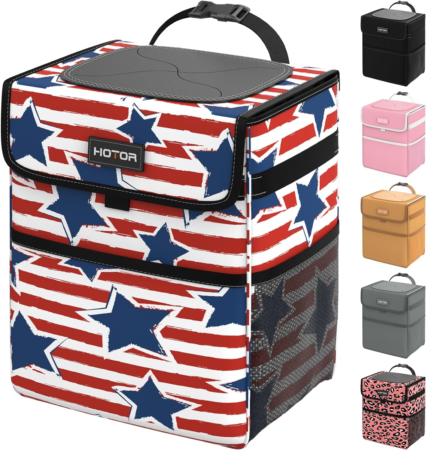 HOTOR Car Trash Can, Leak-Proof Car Garbage Can for The Back/Front/Console of Any Cars, Sedans, SUVs &amp; Trucks Easy-to-Install Car Accessory Interior, Blue Star Stripes