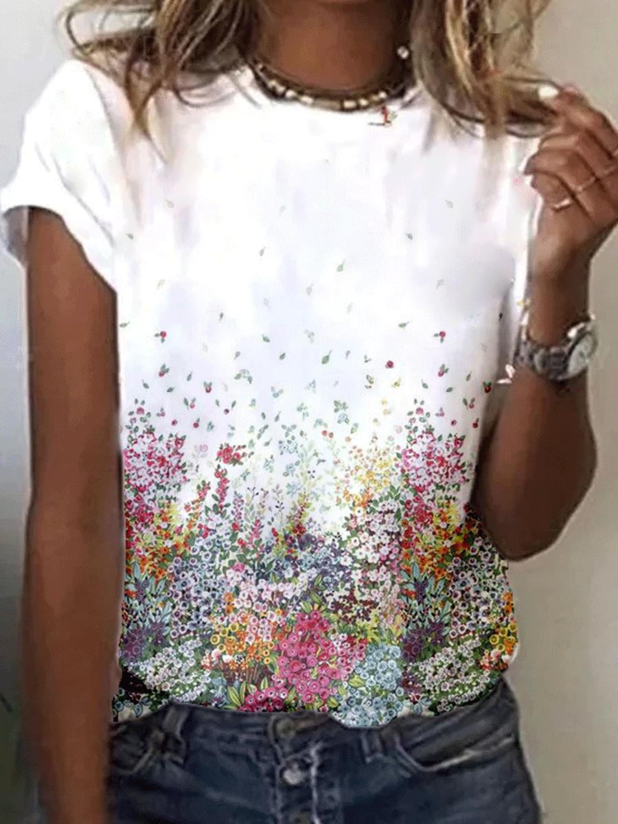 Casual Round Neck Flower Print Short-sleeved Loose T-shirt