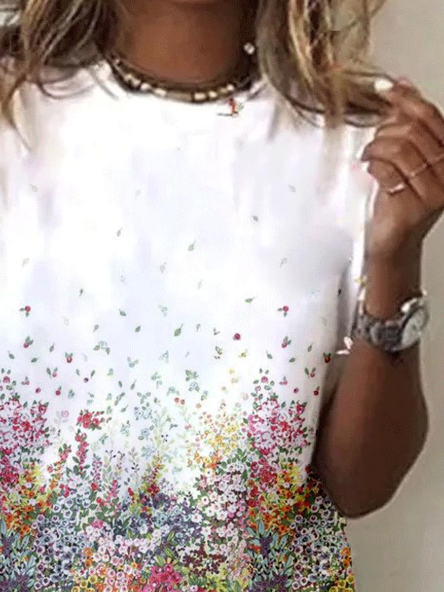 Casual Round Neck Flower Print Short-sleeved Loose T-shirt